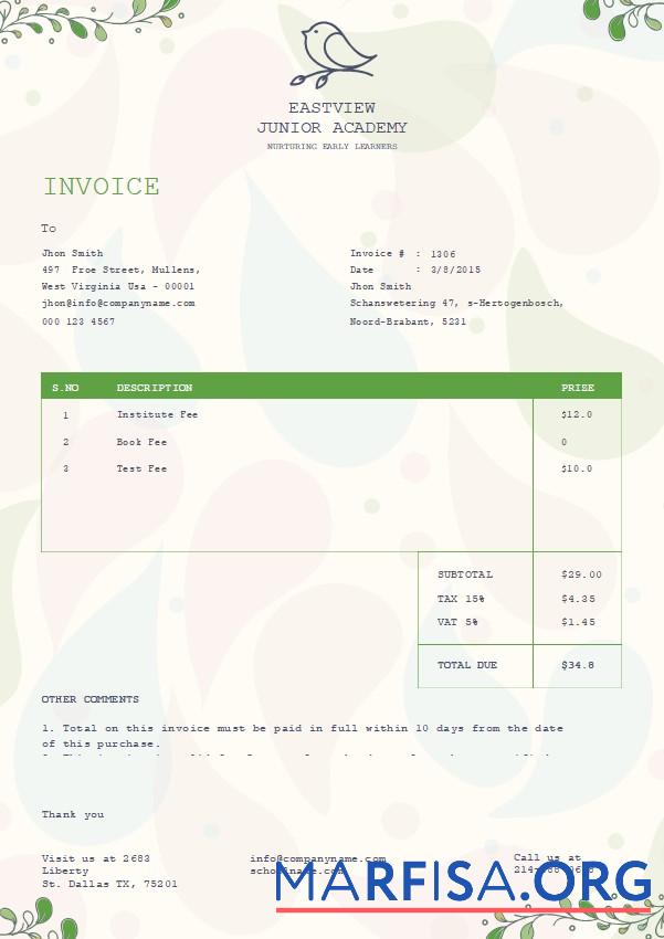 Printable Free Kindergarten Invoice Template